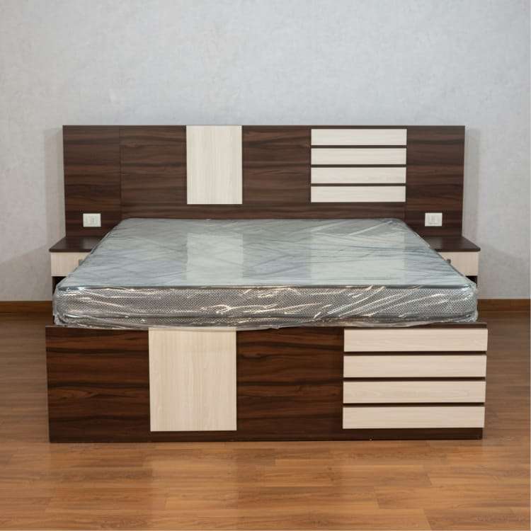 Teak Wooden King Size Trolly Bed with Designer Headboard and Storage